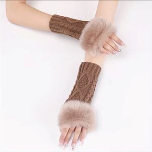 Brown Faux Fur Half Finger Knit Gloves